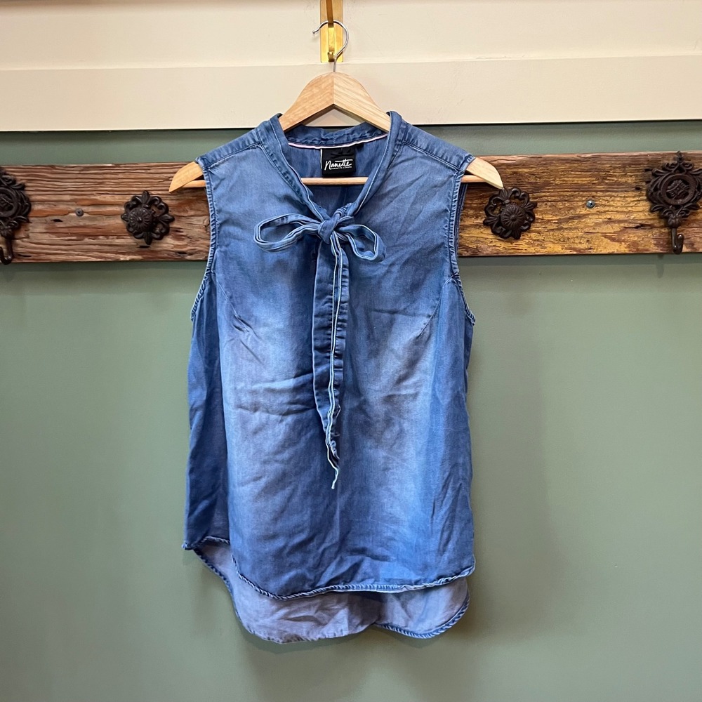 Nanette Lepore Women Blue Tencel Tie Neck Sleeveless‎ Blouse Top Plus Size 1X